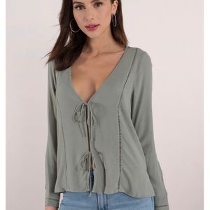 Moss green tie-front long sleeve top
